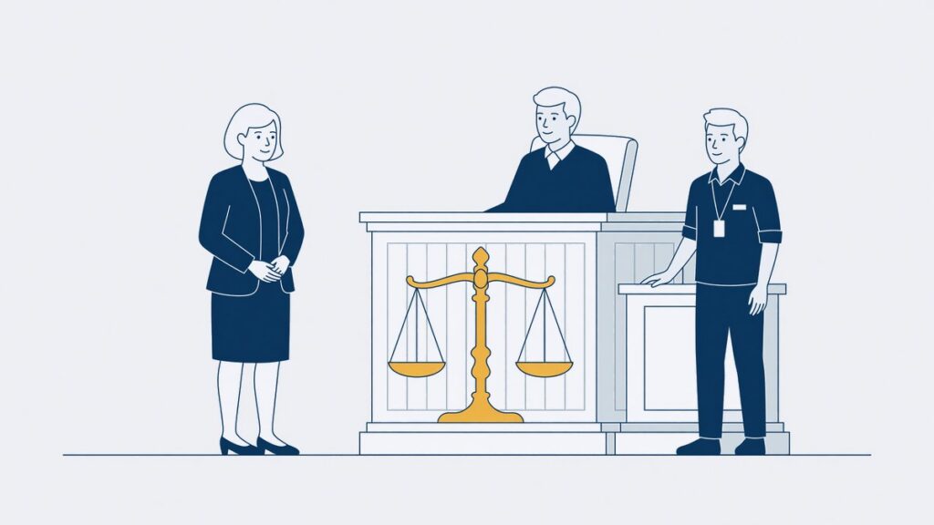 Ouder voor de rechter met een jeugdbeschermer, met de weegschaal van het recht