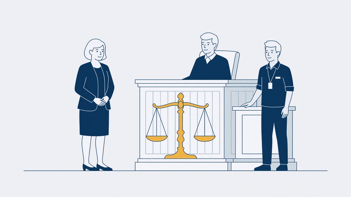 Ouder voor de rechter met een jeugdbeschermer, met de weegschaal van het recht