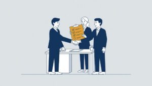Illustration: the hirer and the agency shake hands while an agency worker holds a checklist of obligations