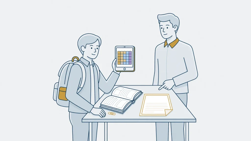 Student met rugzak, telefoonrooster en studieboek bespreekt een contract met een adviseur