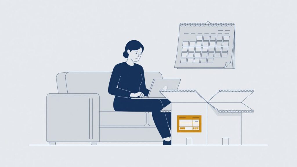 Vrouw met een laptop op schoot op een bank, naast een geopende kartonnen retourdoos met verzendlabel en een kalender aan de wand.