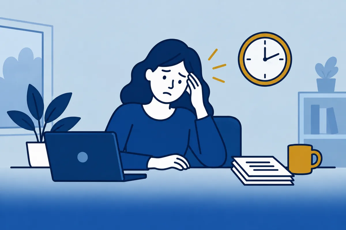 Vrouw houdt een hand tegen haar slaap naast een laptop en een klok.