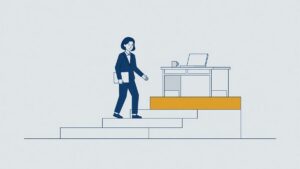 Illustration: an agency worker walks up three phases towards a permanent desk, the phase system