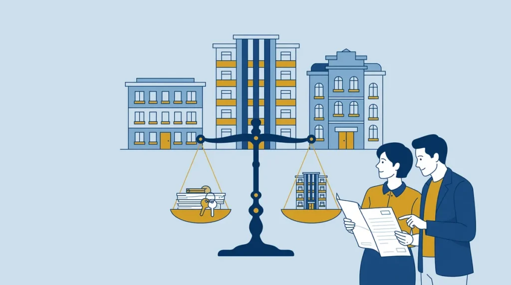 Illustratie van drie appartementengebouwen van verschillende hoogte met een weegschaal ervoor en een huurderspaar dat een document bekijkt