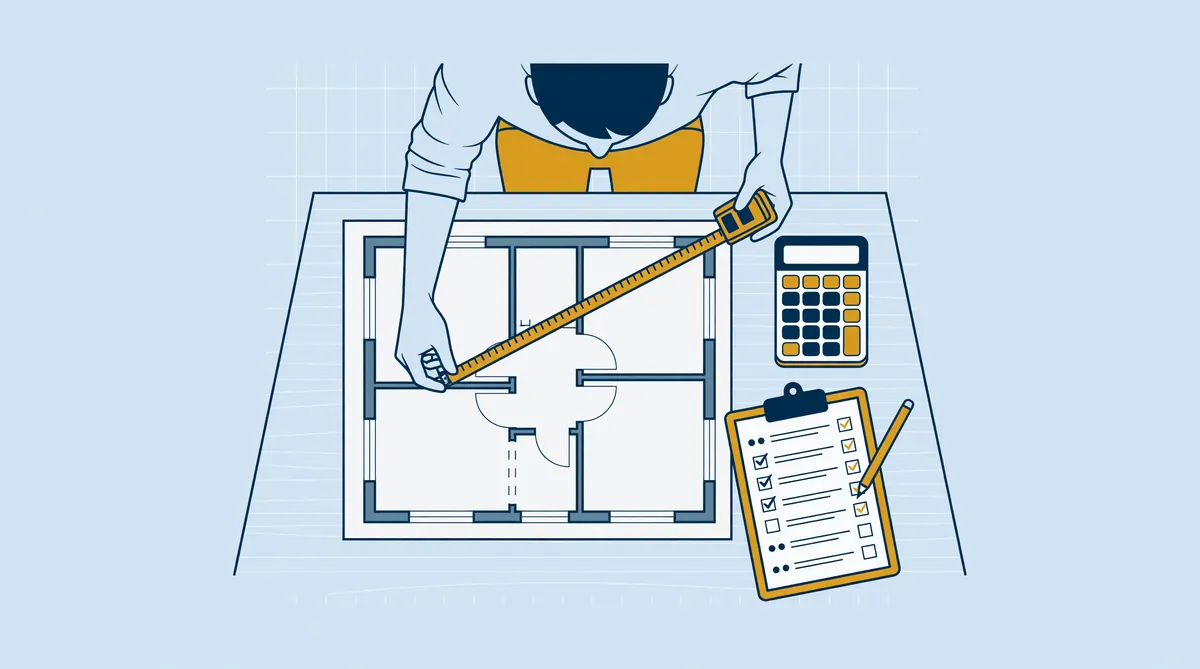 Illustratie van een persoon die met een rolmaat een plattegrond van een kamer opmeet, met een rekenmachine en een afvinklijst op tafel