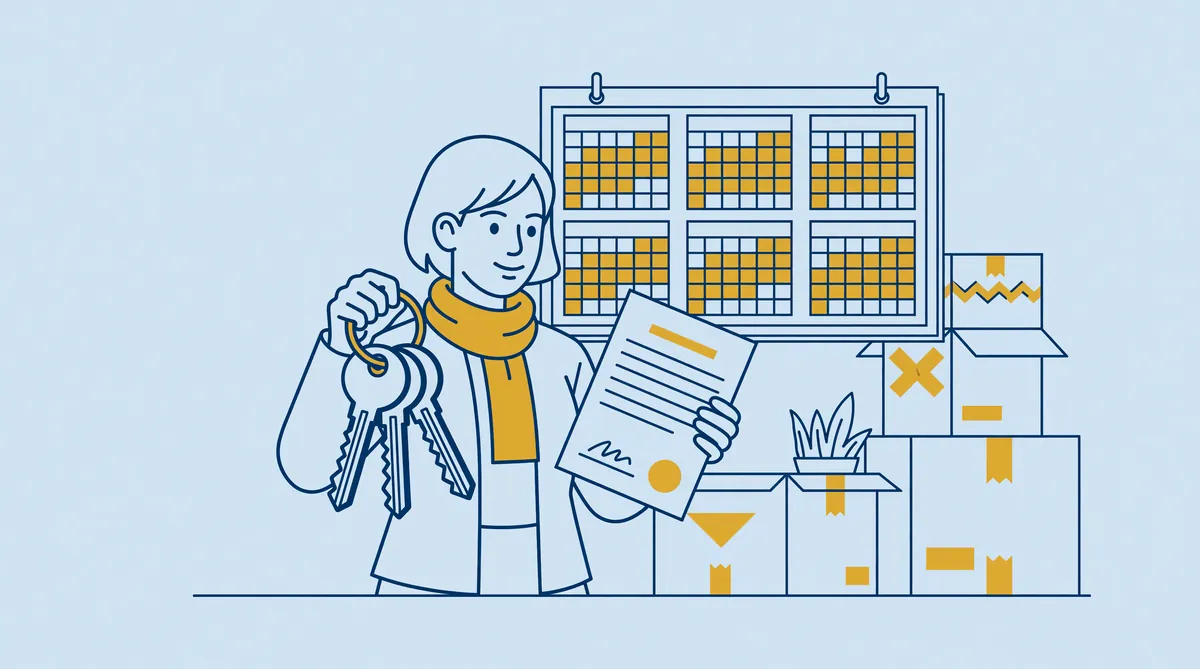 Illustratie van een nieuwe huurder met sleutels en een huurcontract, naast een kalender met zes gemarkeerde maanden en verhuisdozen op de achtergrond