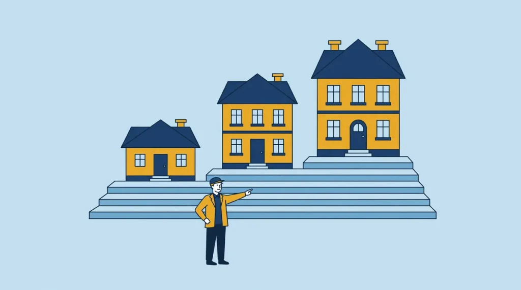 Illustratie van drie huizen van klein naar groot op oplopende treden, met een huurder die naar het middelste huis wijst