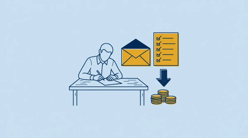 Illustratie van een huurder die aan een bureau een brief schrijft, met een envelop, een checklist met punten en een pijl omlaag naast een stapeltje munten