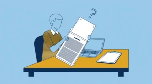 Illustratie van een huurder met een huurcontract die zoekt naar een ontbrekende pagina, naast een leeg klembord en een laptop
