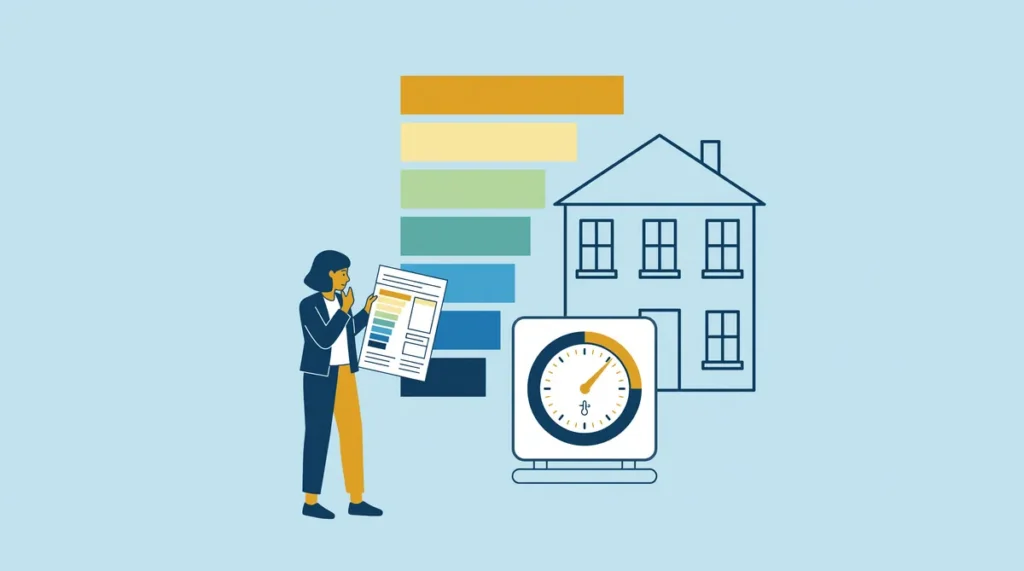 Illustratie van een huis met gekleurde energielabelbalken ernaast, een huurder die een document met het huis vergelijkt en een thermostaat