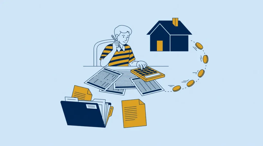 Illustratie van een huurder die met een rekenmachine bankafschriften controleert, terwijl munten van een huis terug naar de huurder gaan