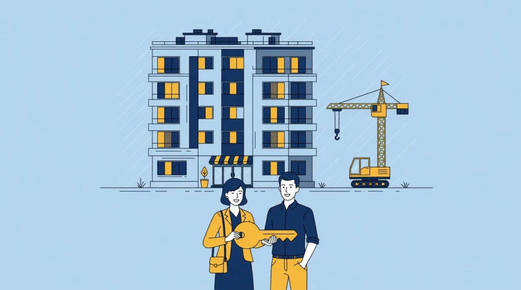 Illustratie van een nieuw appartementengebouw met een kleine bouwkraan ernaast en een huurdersstel met een sleutel ervoor