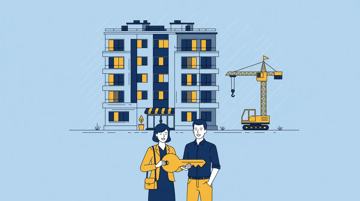 Illustratie van een nieuw appartementengebouw met een kleine bouwkraan ernaast en een huurdersstel met een sleutel ervoor