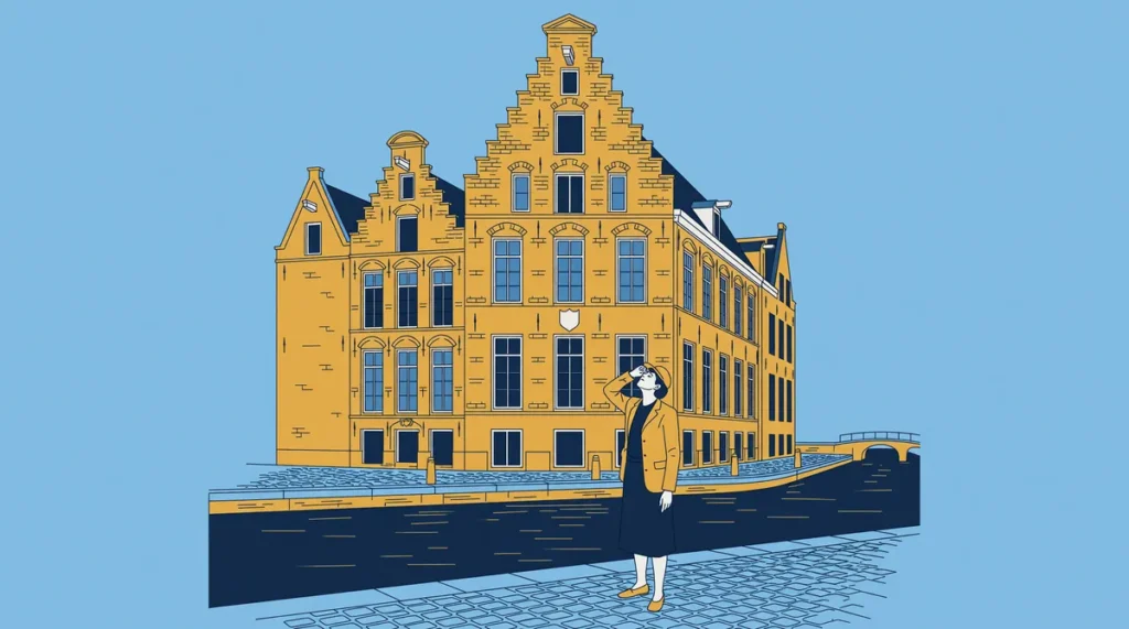 Illustratie van een historisch Nederlands grachtenpand met trapgevel en een klein gevelbordje, met een huurder die omhoog kijkt naar het gebouw