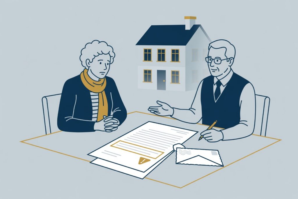 Huurder en juridisch adviseur bespreken een brief over huurachterstand aan tafel.