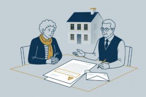 Huurder en juridisch adviseur bespreken een brief over huurachterstand aan tafel.
