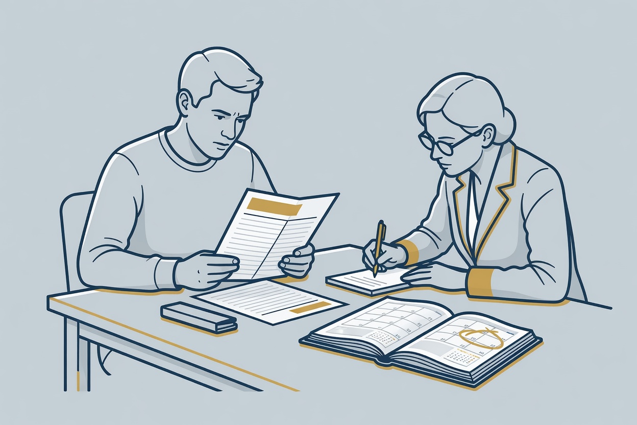 Huurder leest een dagvaarding terwijl een advocaat aantekeningen maakt bij een agenda met de zittingsdatum.