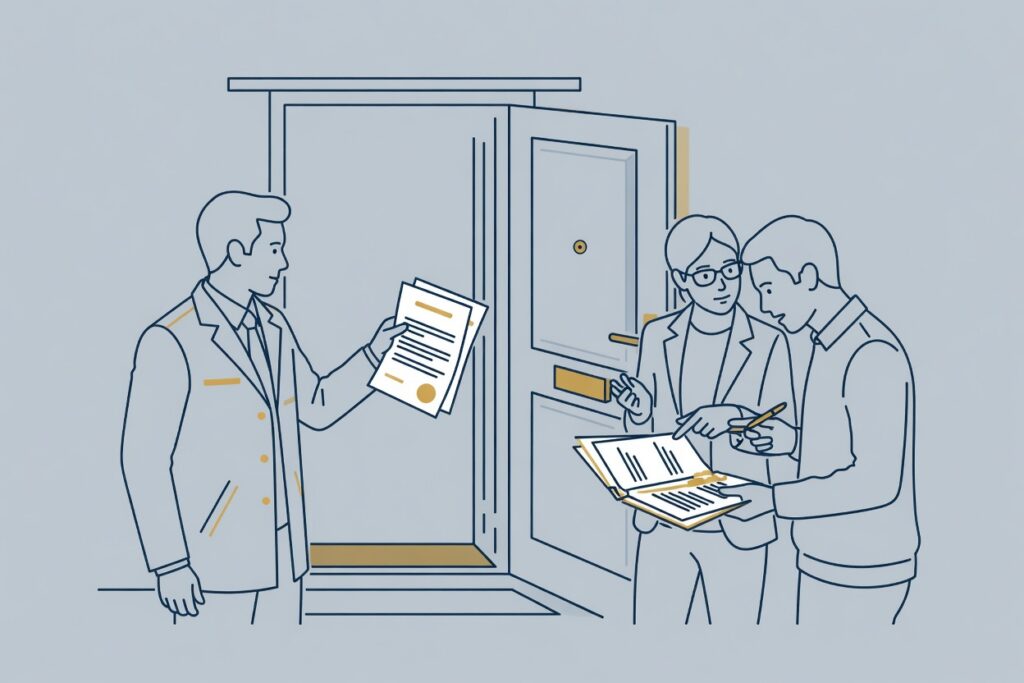 Deurwaarder met een vonnis bij de voordeur terwijl een adviseur de huurder de stukken uitlegt.