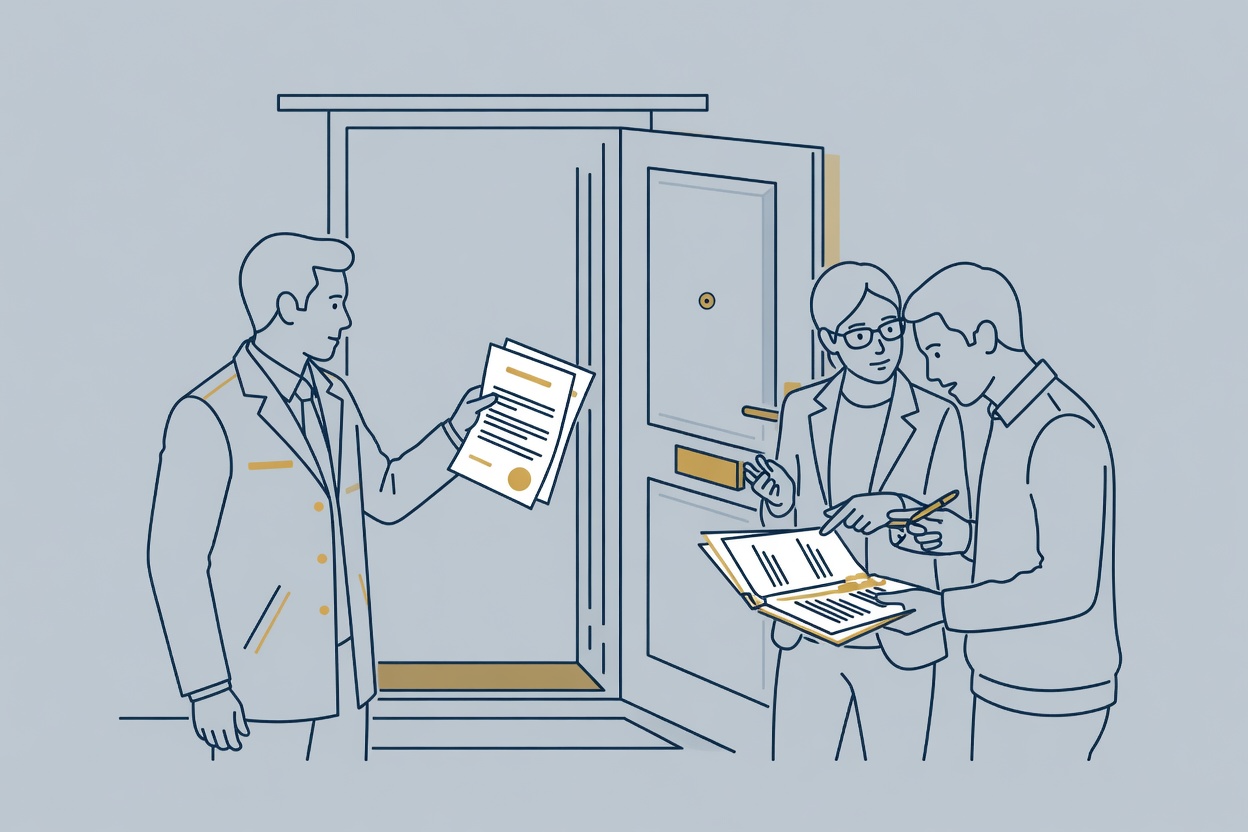 Deurwaarder met een vonnis bij de voordeur terwijl een adviseur de huurder de stukken uitlegt.