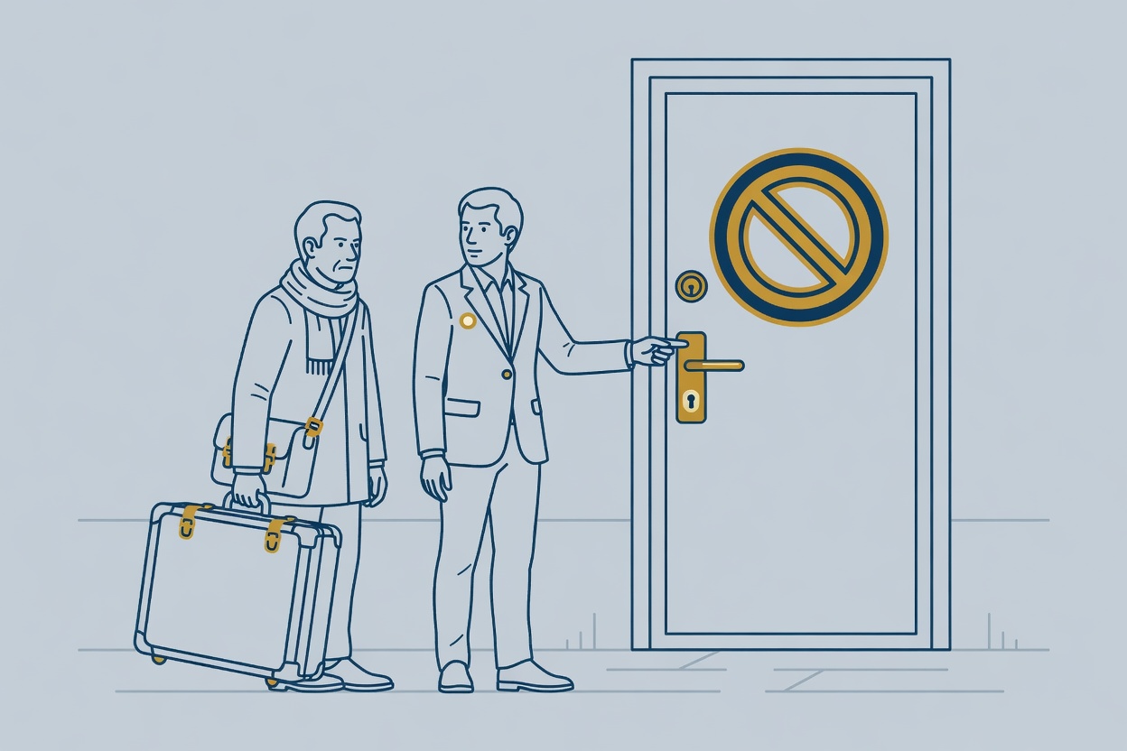 Huurder met koffer staat buiten voor een deur met een nieuw slot en een verbodsteken.