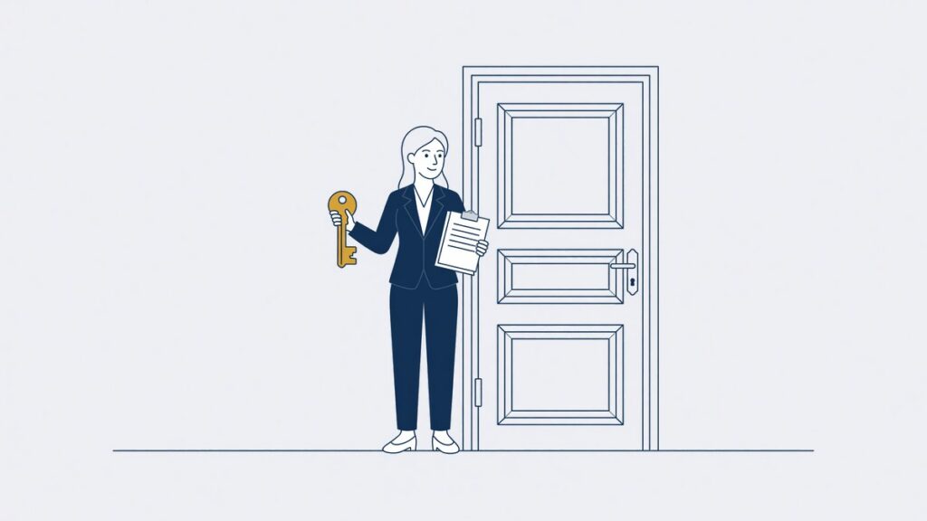 Vrouw met een document en een sleutel voor een gesloten deur