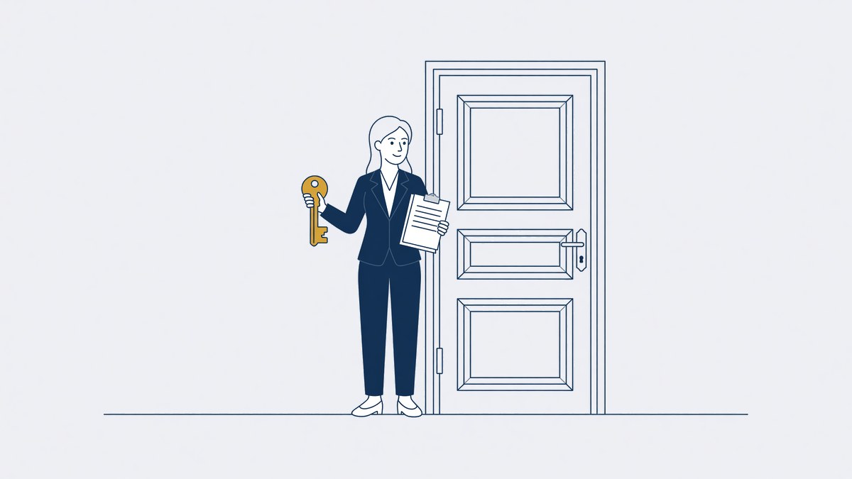 Vrouw met een document en een sleutel voor een gesloten deur