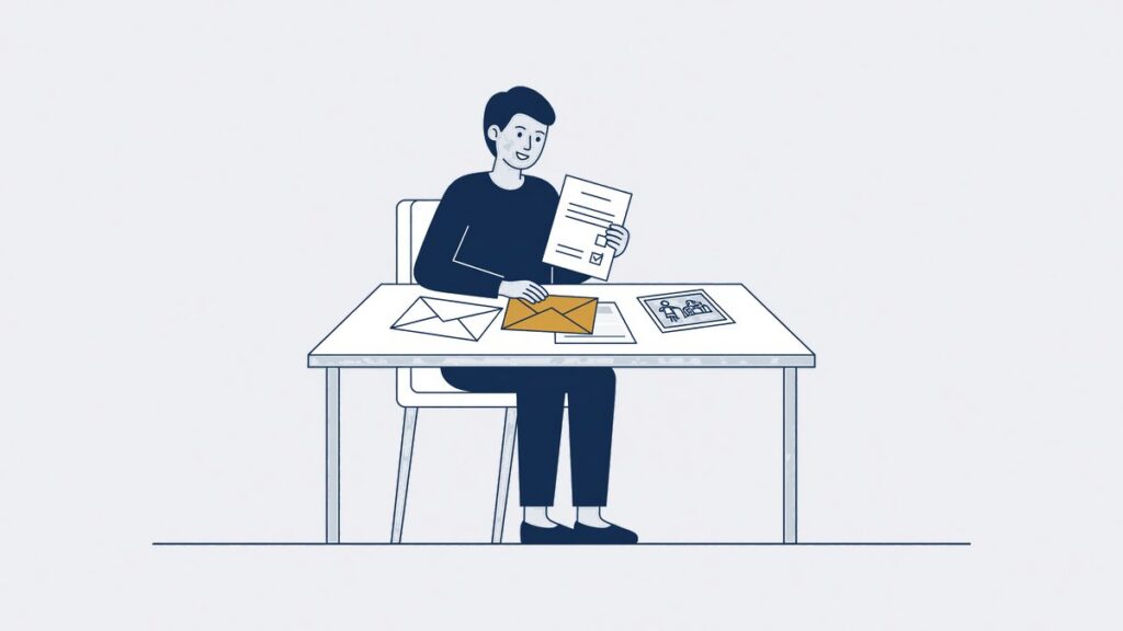 Ouder leest alleen aan tafel een schoolrapport en een foto van het kind