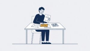 Ouder leest alleen aan tafel een schoolrapport en een foto van het kind