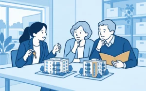 Heirs viewing a house and a let property and comparing options for a buy-out or sale