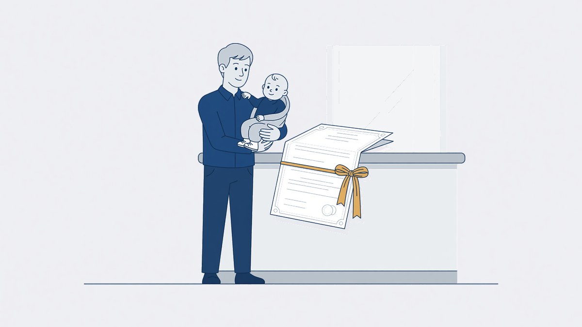 Ouder met baby aan de balie van een ambassade, met een geboorteakte