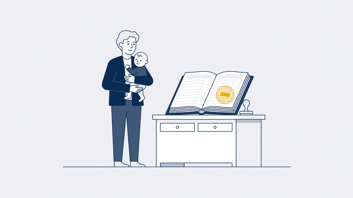 Ouder met baby bij de balie van de burgerlijke stand, naast het register