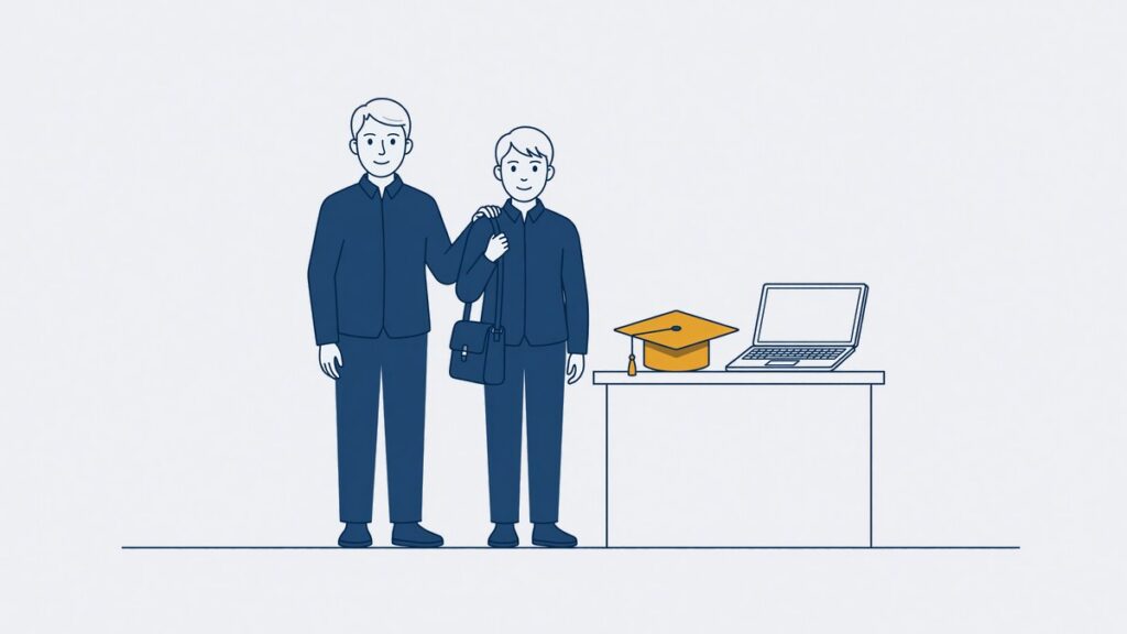 Jongvolwassene bespreekt studiekosten met een ouder aan een bureau