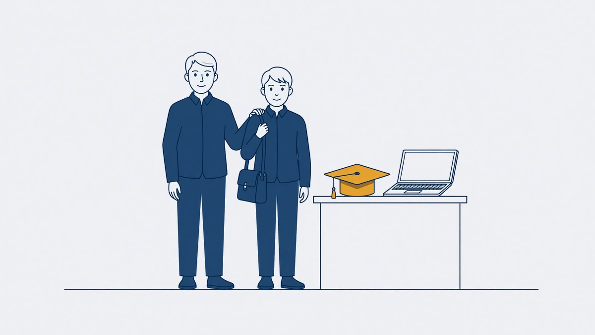 Jongvolwassene bespreekt studiekosten met een ouder aan een bureau