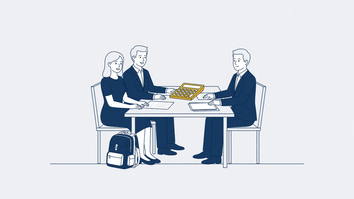 Twee ouders bespreken de kosten voor hun kind met een advocaat aan tafel