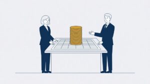 Cliënt en advocaat aan tafel met een kostenoverzicht en een stapel munten