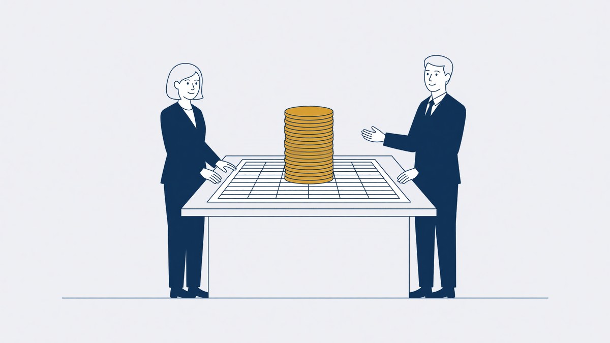 Cliënt en advocaat aan tafel met een kostenoverzicht en een stapel munten