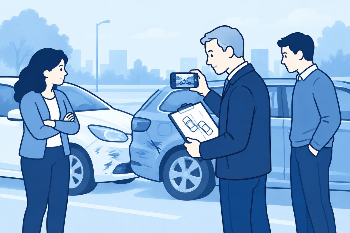 Deskundige vergelijkt ongevalsfoto’s en een situatieschets bij twee auto’s.