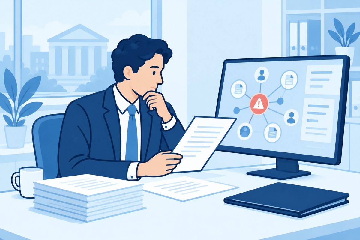 Beoordelaar vergelijkt een digitaal risicosignaal met oorspronkelijke documenten.