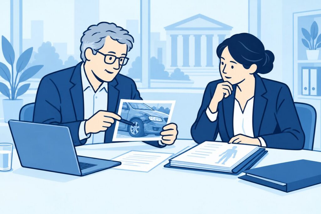 Deskundige bekijkt ongevalsgegevens en een dossier voor een gerechtelijk onderzoek.