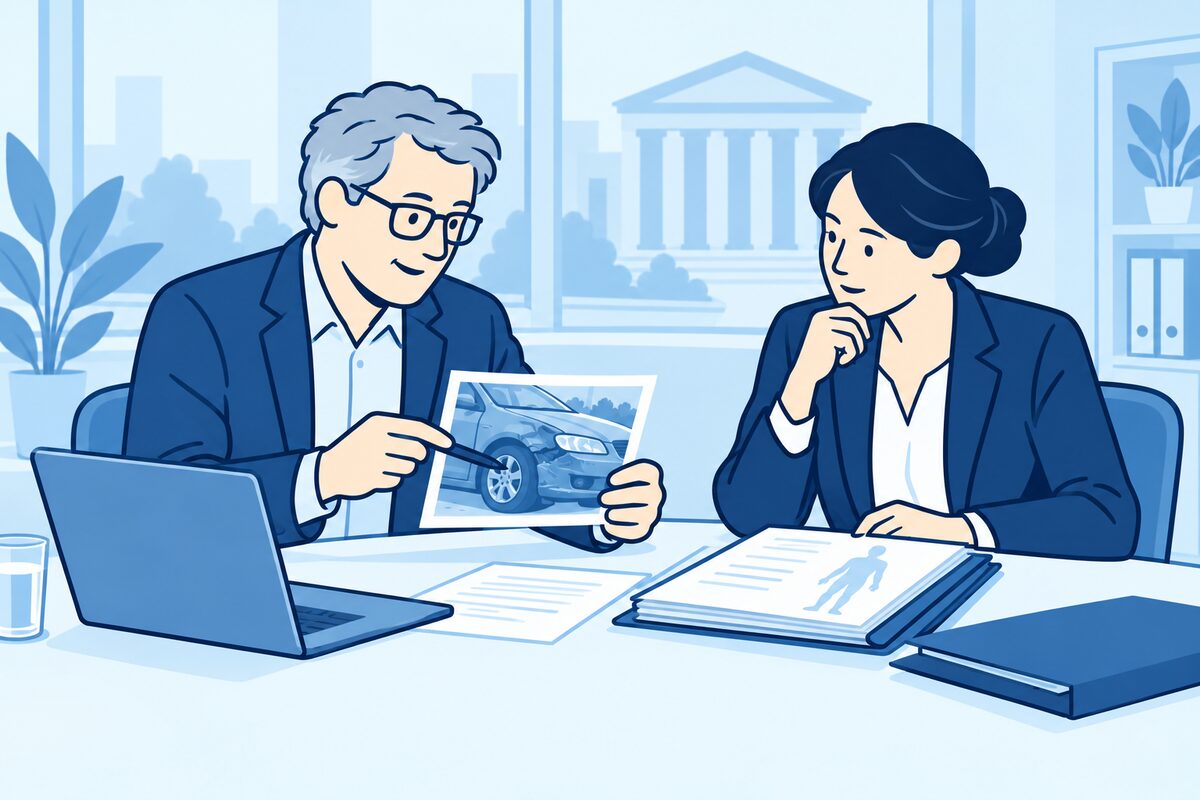 Deskundige bekijkt ongevalsgegevens en een dossier voor een gerechtelijk onderzoek.