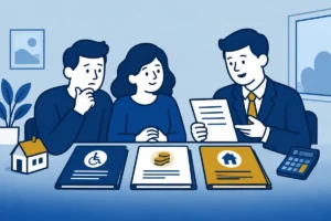 Stel bekijkt met een adviseur drie afzonderlijke documentmappen aan een tafel.