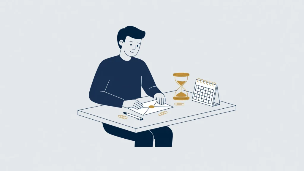 Werknemer sluit een envelop aan een bureau, met zandloper en kalender ernaast