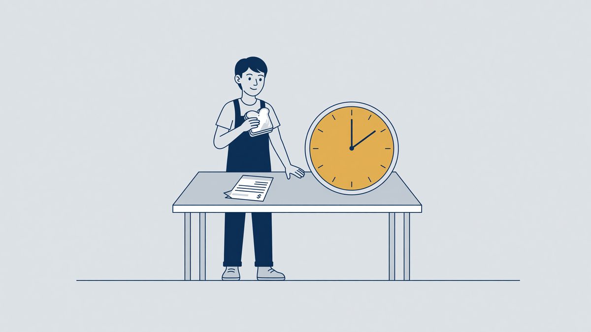Illustration: a young employee with a sandwich and a clock during a break, breaks deducted from pay
