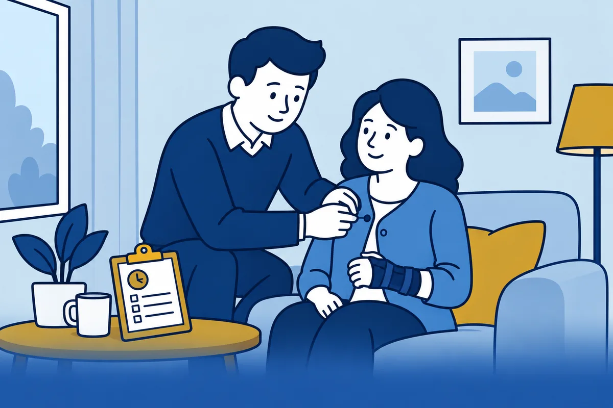 Partner helpt een zittende vrouw met polsbrace haar vest dicht te knopen.