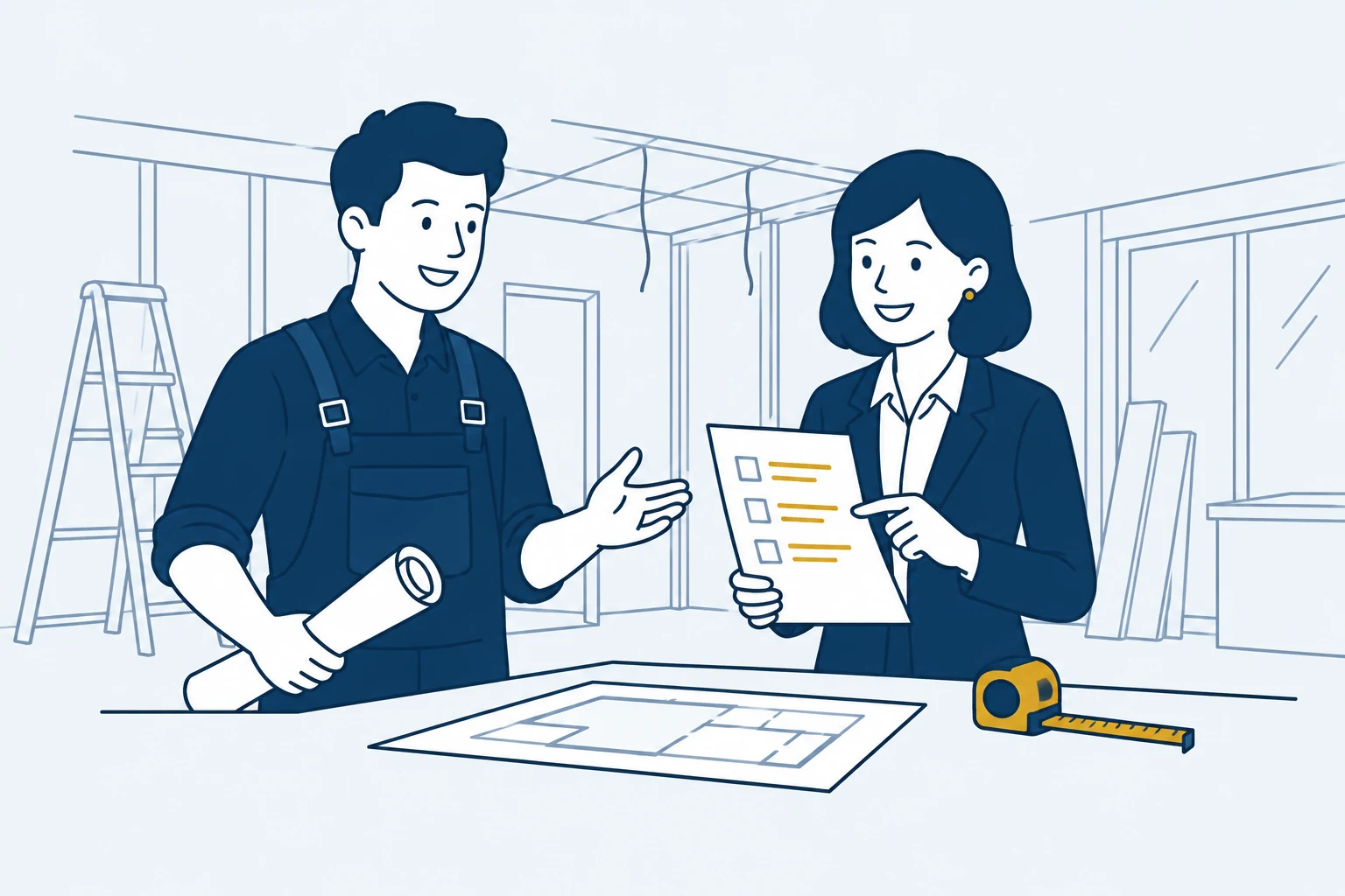 Aannemer en opdrachtgever bespreken extra werkzaamheden aan de hand van een bouwplan.