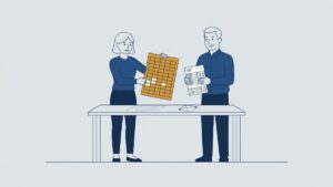Illustration: a young employee compares a timesheet and a payslip, unpaid hours