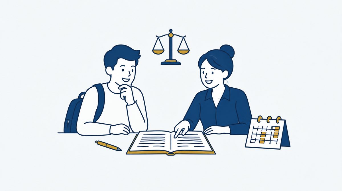 Student en werkende bespreken een arbeidsovereenkomst bij een kalender en juridische weegschaal.