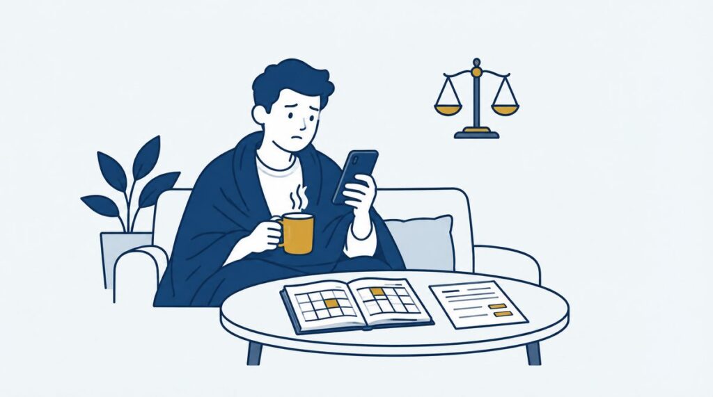 Zieke oproepkracht bekijkt zijn telefoon naast een werkrooster en loondocument.