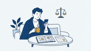 Zieke oproepkracht bekijkt zijn telefoon naast een werkrooster en loondocument.