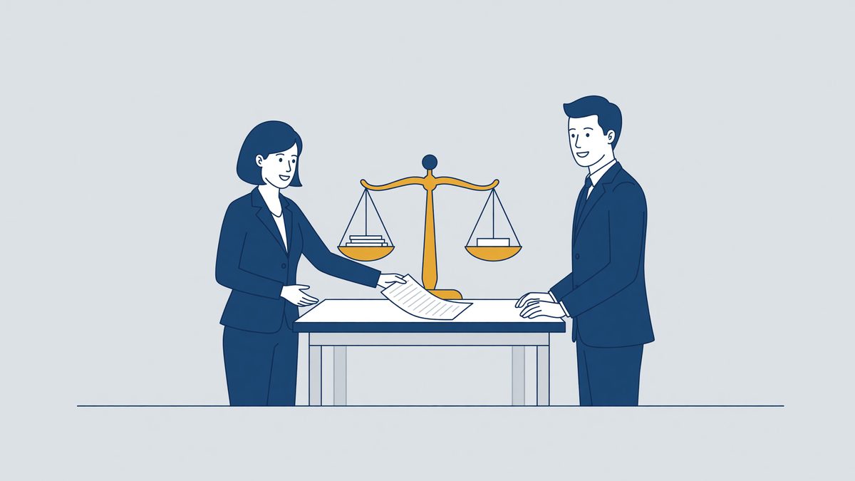 Illustration: an employee slides a counter-offer to the employer, negotiating a settlement agreement